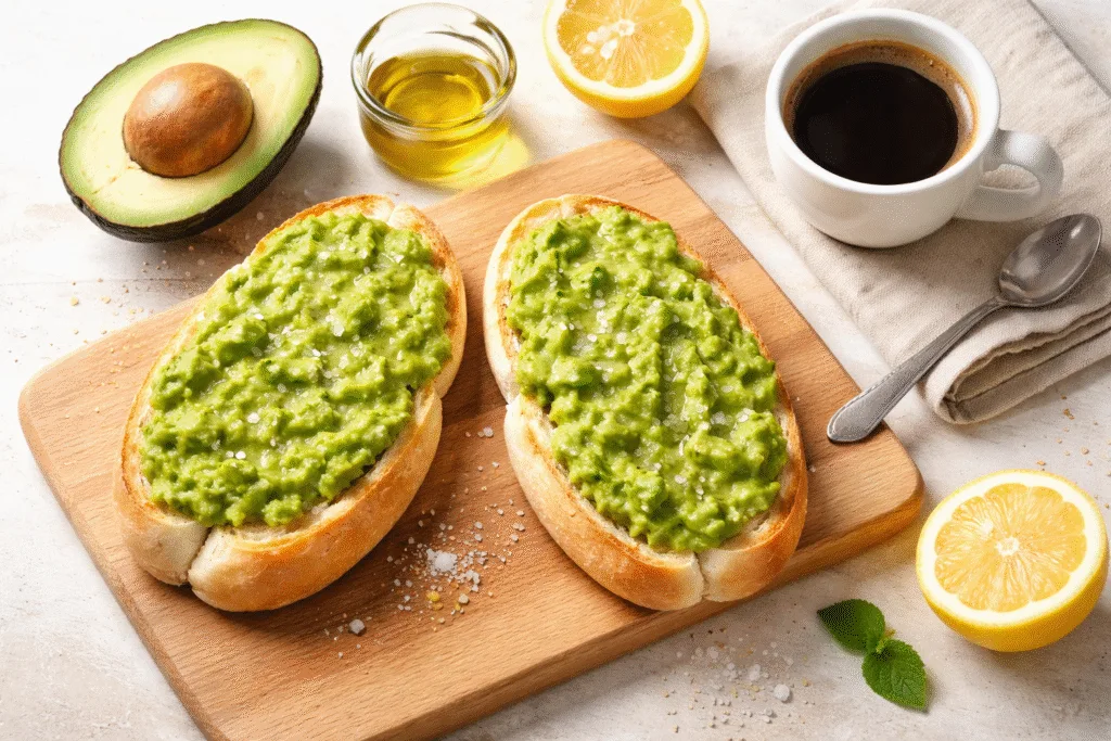Pan con palta: marraqueta chilena con palta triturada y café
