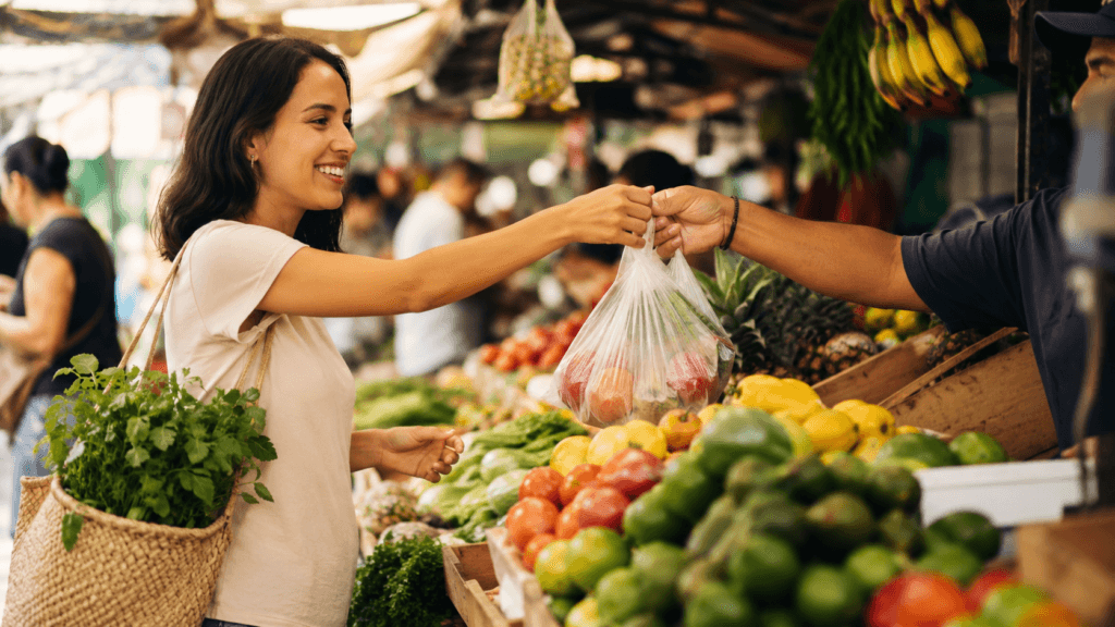 Persona comprando frutas y verduras en un mercado latinoamericano mientras aprende como comprar en un mercado en español