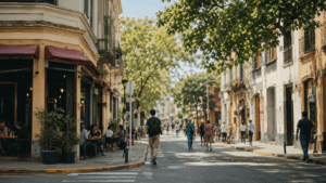 Calle urbana latinoamericana para representar el español en la ciudad y el lenguaje cotidiano de los viajes.