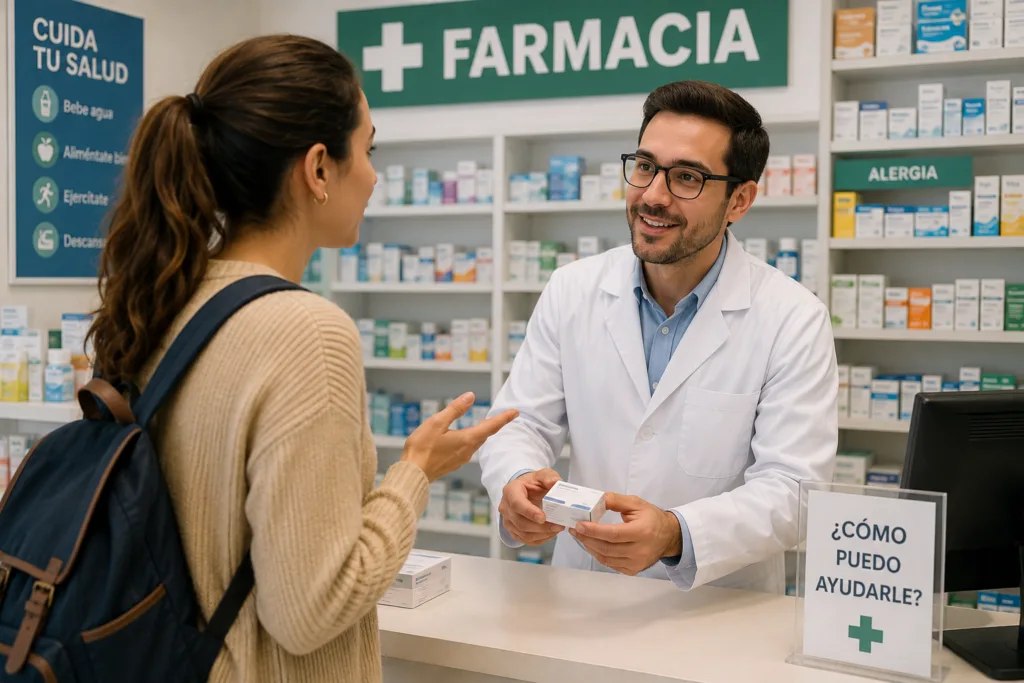 Persona usando frases en farmacia en español para pedir ayuda durante un viaje.