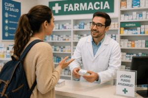 Persona usando frases en farmacia en español para pedir ayuda durante un viaje.