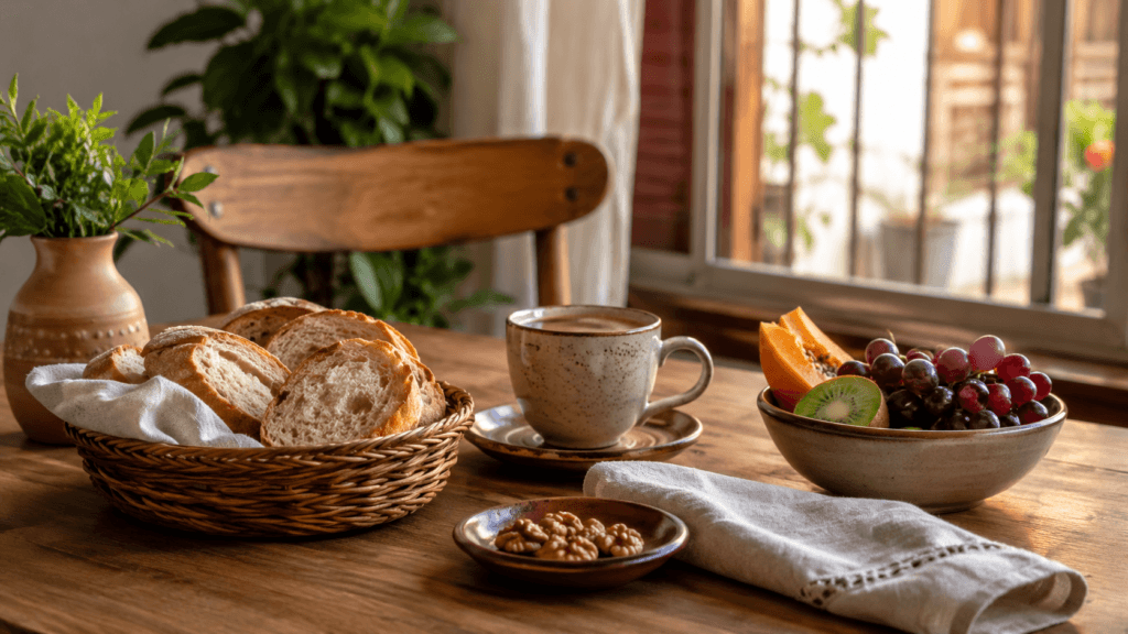 Merienda significado: pequeña comida de tarde con pan, fruta y café para aprender vocabulario en español.