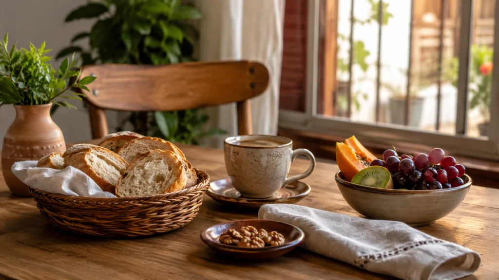 Merienda significado: pequeña comida de tarde con pan, fruta y café para aprender vocabulario en español.