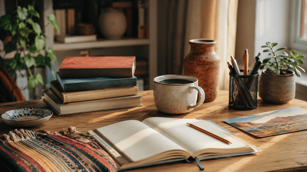 Libros y cuaderno abierto para representar palabras culturales en español y vocabulario difícil de traducir.