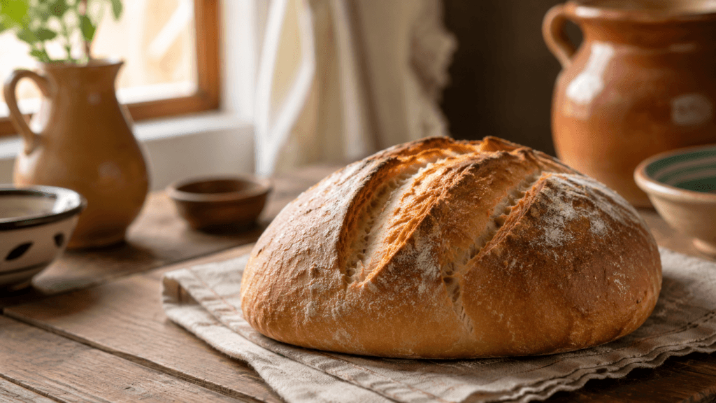 Pan significado: pan fresco sobre una mesa cálida para aprender vocabulario básico en español.