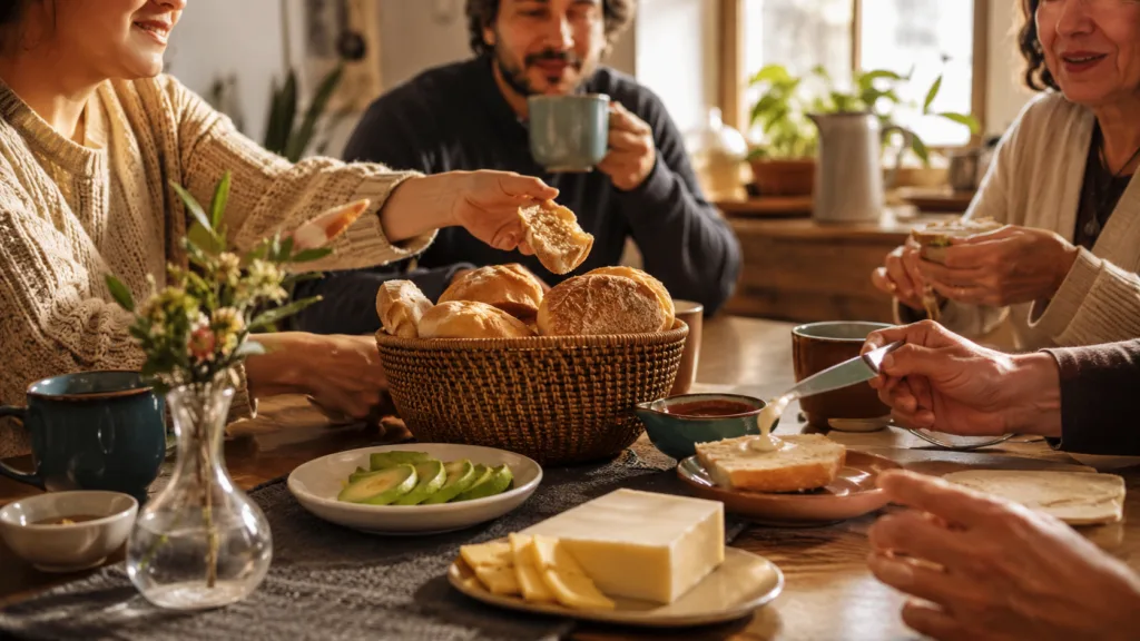 Mesa con pan, té y palta para representar la costumbre de tomar once en Chile.