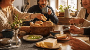Mesa con pan, té y palta para representar la costumbre de tomar once en Chile.