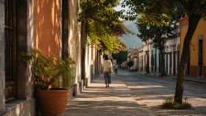 Barrio significado: calle tranquila con casas, árboles y vida cotidiana.