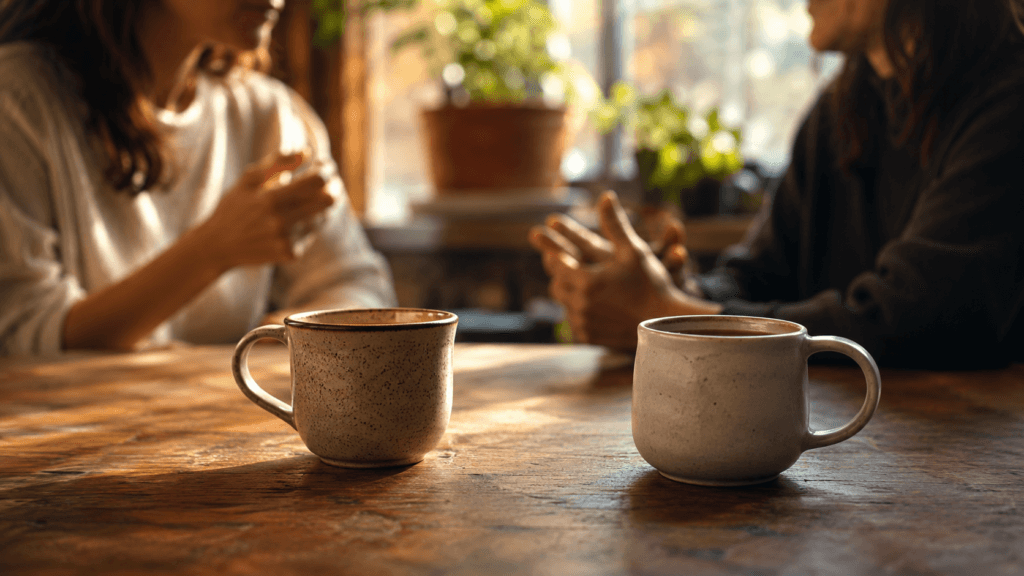 Charla significado: dos personas conversando con café para aprender vocabulario social en español.