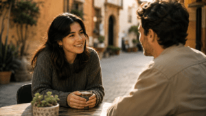 Charlar significado: dos personas conversando de manera tranquila en un café.