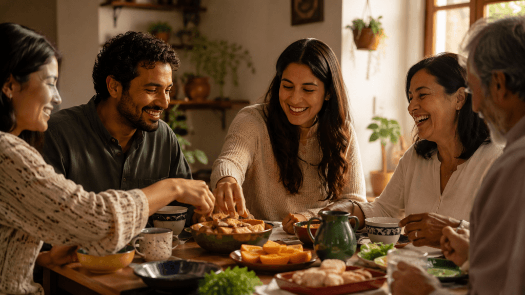 Costumbre significado: mesa familiar con café y pan para representar hábitos y cultura cotidiana en español.