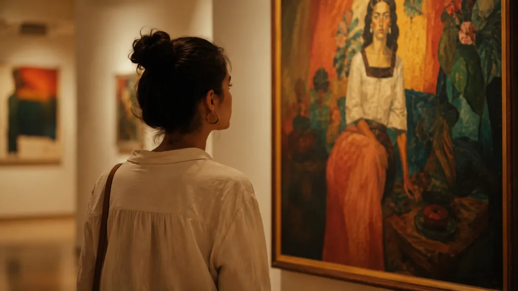 Persona observando una obra de arte para aprender a hablar de arte en español.