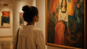 Persona observando una obra de arte para aprender a hablar de arte en español.