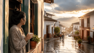 Persona observando el clima desde una ventana para aprender frases sobre el clima en español.