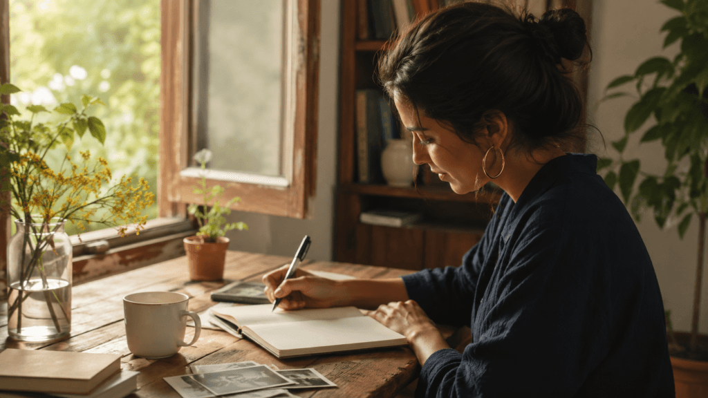 Persona escribiendo recuerdos en un cuaderno para aprender el imperfecto en español.