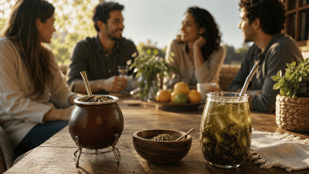 Mate y tereré sobre una mesa en una escena cálida de conversación.