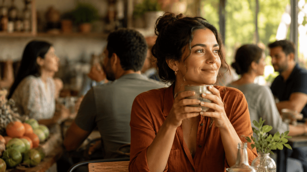 Murmullo significado: café cálido con personas desenfocadas para representar voces suaves y sonido de fondo en español.