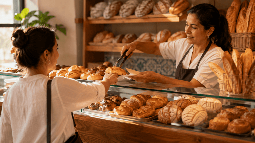 Panadería significado: vitrina cálida con panes y ambiente cotidiano.