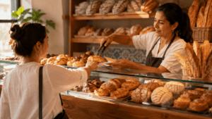 Panadería significado: vitrina cálida con panes y ambiente cotidiano.