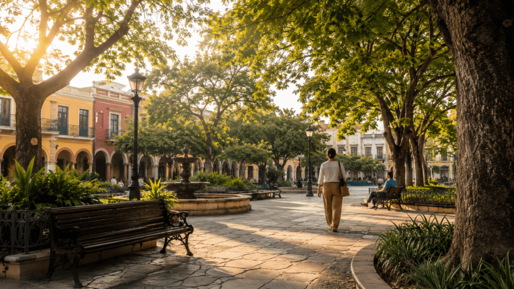 Plaza significado: plaza tranquila con árboles, bancos y personas caminando.