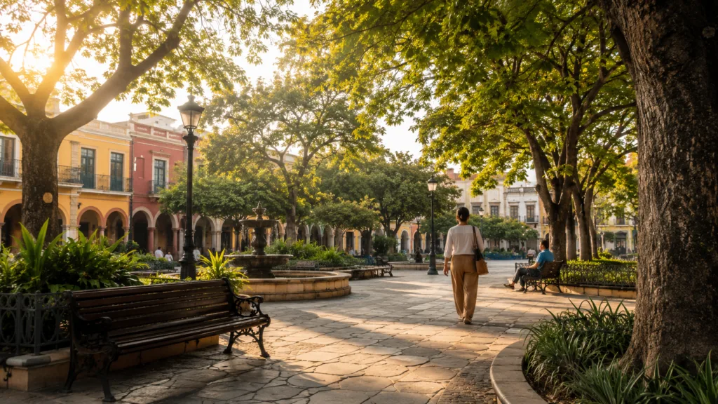 Plaza significado: plaza tranquila con árboles, bancos y personas caminando.