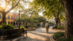Plaza significado: plaza tranquila con árboles, bancos y personas caminando.