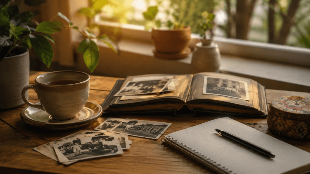Recuerdo significado: fotografías y objetos personales sobre una mesa para representar memoria y vocabulario en español.