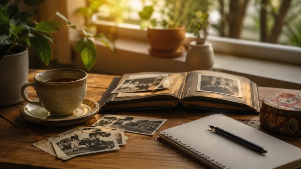 Recuerdo significado: fotografías y objetos personales sobre una mesa para representar memoria y vocabulario en español.