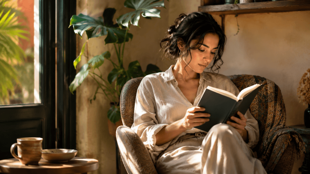 Rincón significado: rincón acogedor con silla, planta y luz cálida para aprender vocabulario en español.