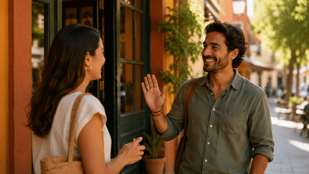 Dos personas saludándose en una calle para aprender cómo saludar en español.