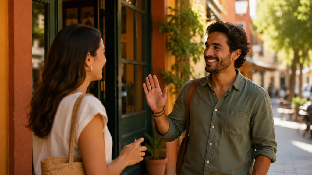 Dos personas saludándose en una calle para aprender cómo saludar en español.