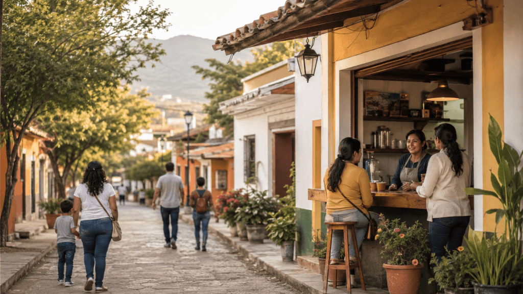 Vecindario significado: calle tranquila con casas y árboles para aprender vocabulario de ciudad en español.